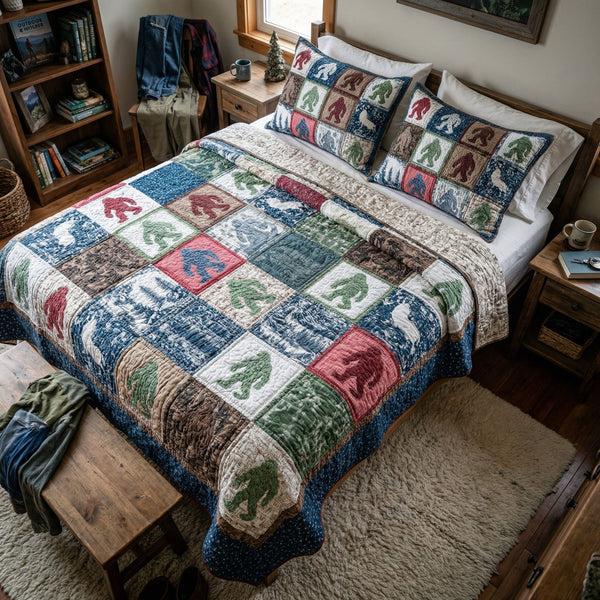 Northern Timberline quilted 3-piece bedding set on a made bed with two matching pillow shams