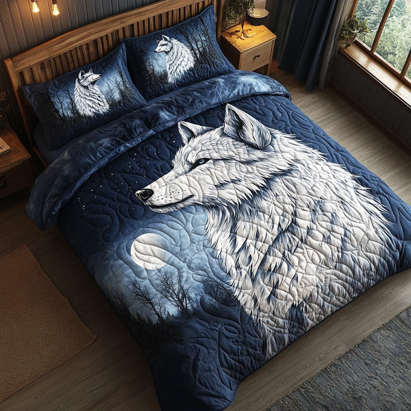 Northern Wolf quilted 3-piece bedding set on a made bed with two matching pillow shams