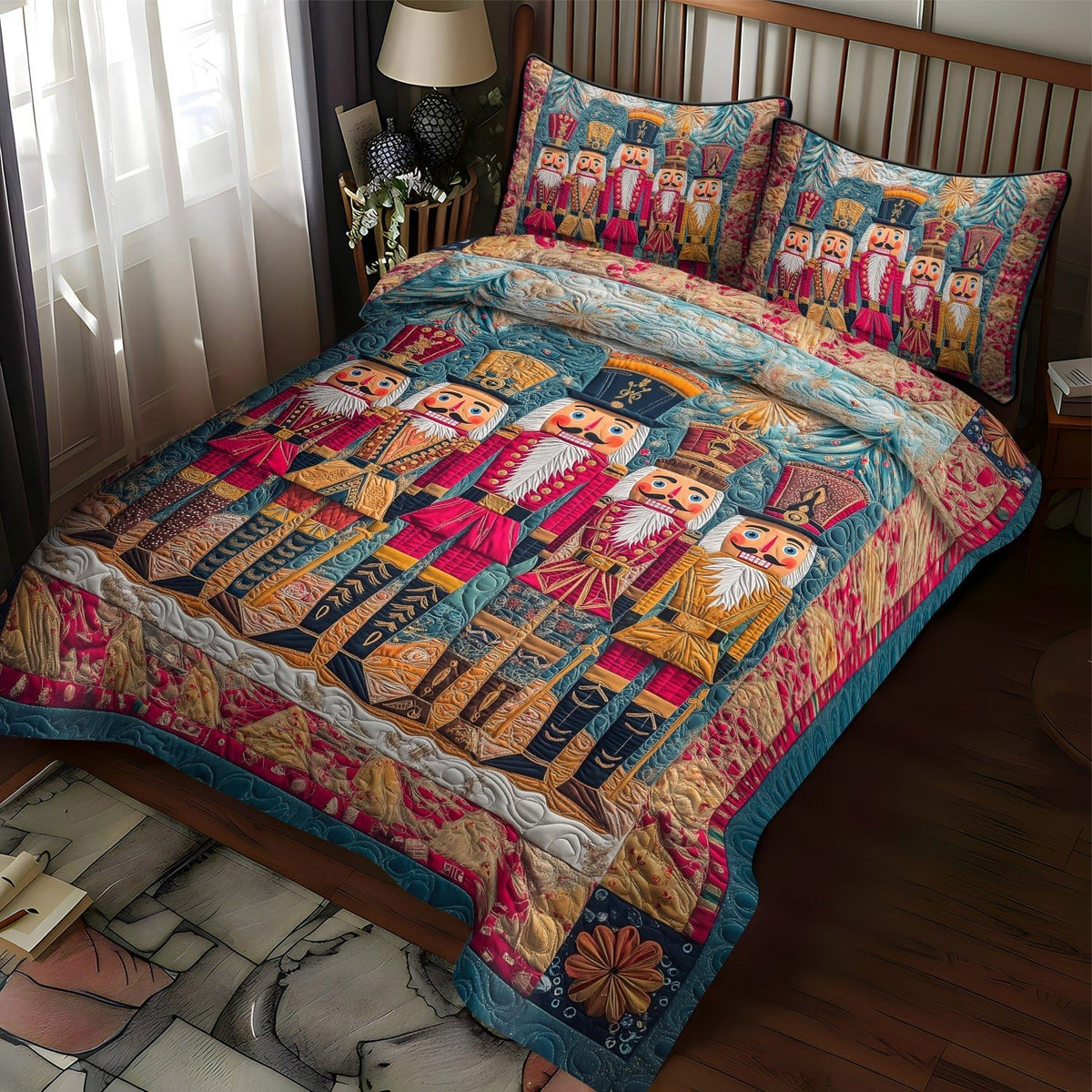 Nostalgic Nutcracker quilted 3-piece bedding set on a made bed in a winter-styled bedroom