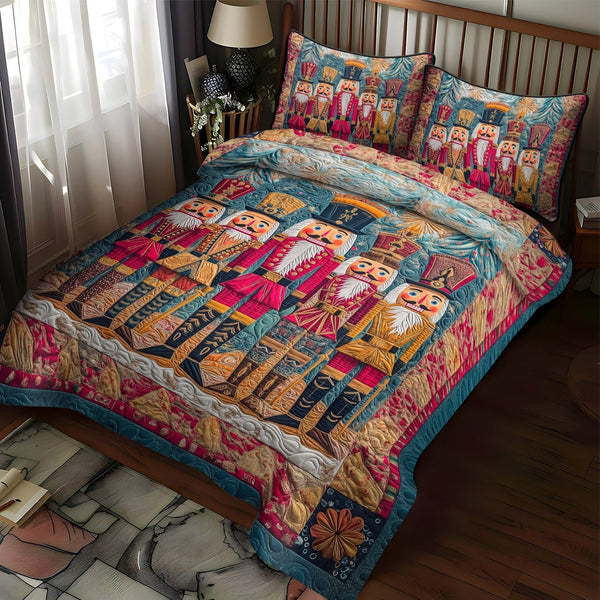 Nostalgic Nutcracker quilted 3-piece bedding set on a made bed in a winter-styled bedroom