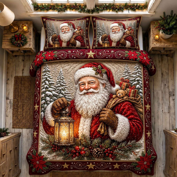 Nostalgic Santa quilted 3-piece bedding set on a made bed in a winter-styled bedroom