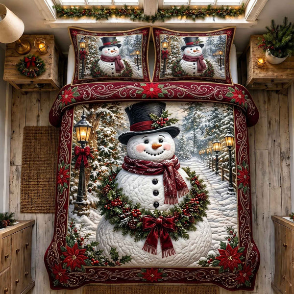 Nostalgic Snowman quilted 3-piece bedding set on a made bed in a winter-styled bedroom