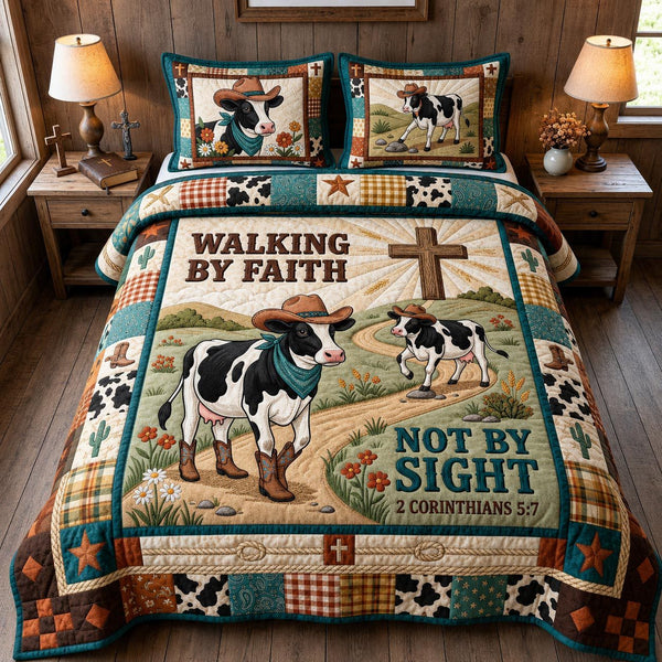 Not By Sight quilted 3-piece bedding set on a made bed with two matching pillow shams