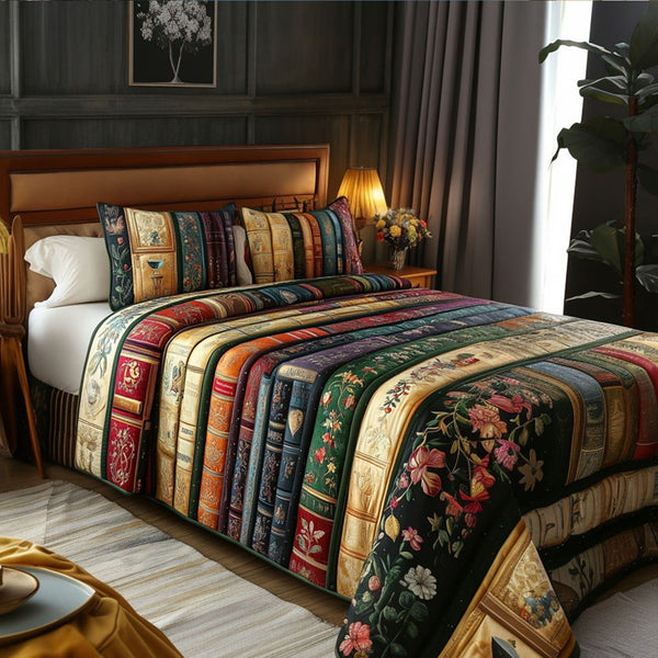 Novel Beauty quilted 3-piece bedding set on a made bed with two matching pillow shams