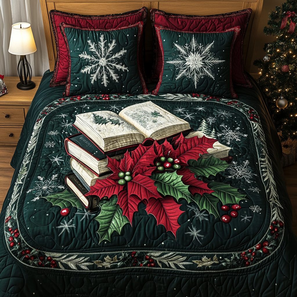 Novel Nights quilted 3-piece bedding set on a made bed with two matching pillow shams