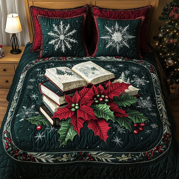 Novel Nights quilted 3-piece bedding set on a made bed with two matching pillow shams