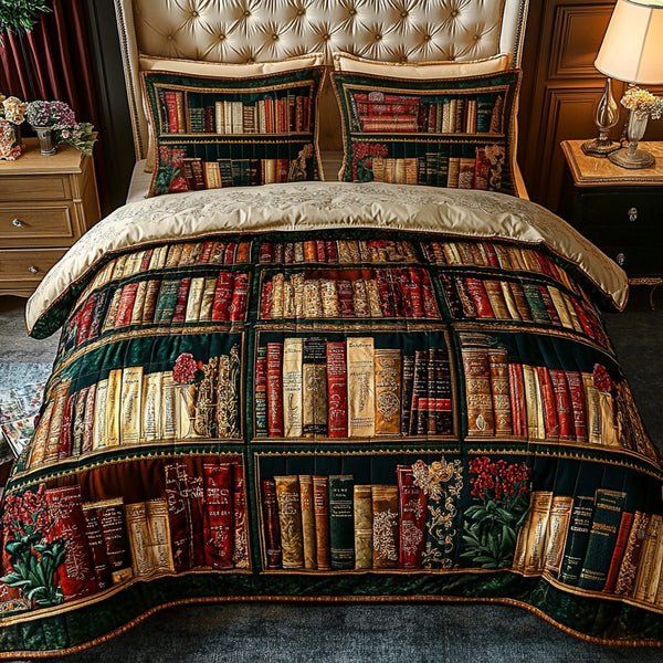 Novel Nights quilted 3-piece bedding set on a made bed with two matching pillow shams