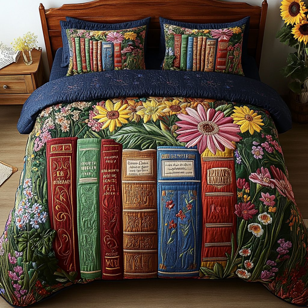Novel Nights quilted 3-piece bedding set on a made bed with two matching pillow shams