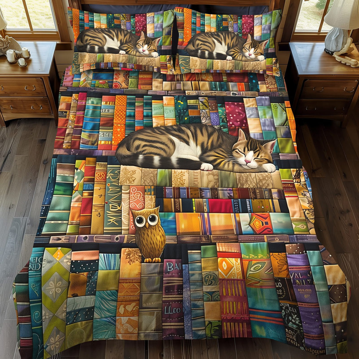 Novel Nook quilted 3-piece bedding set on a made bed with two matching pillow shams