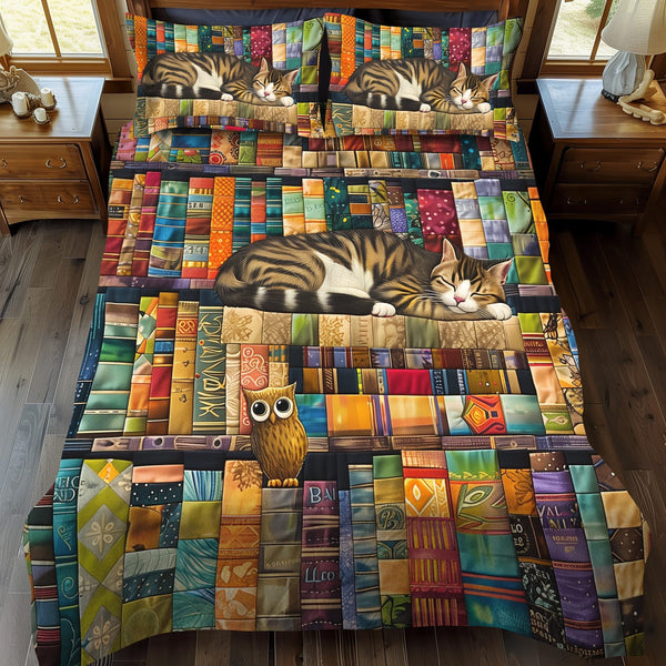 Novel Nook quilted 3-piece bedding set on a made bed with two matching pillow shams