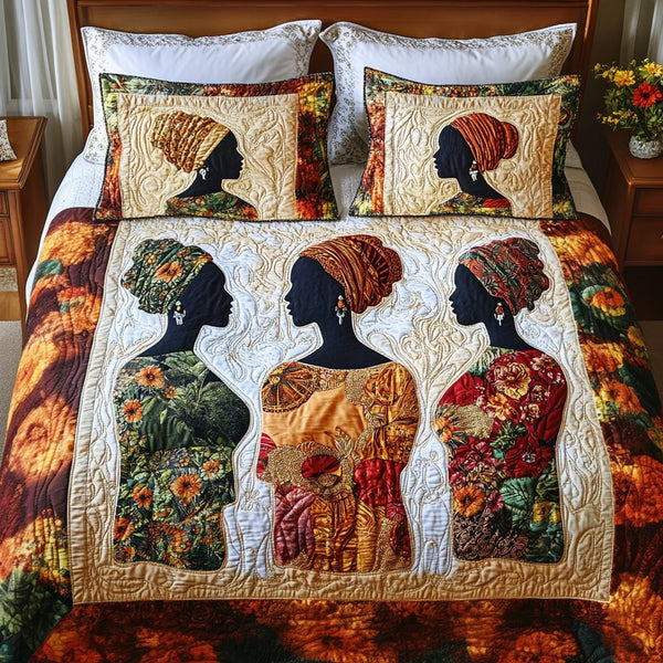 Nubian Elegance quilted 3-piece bedding set on a made bed with two matching pillow shams