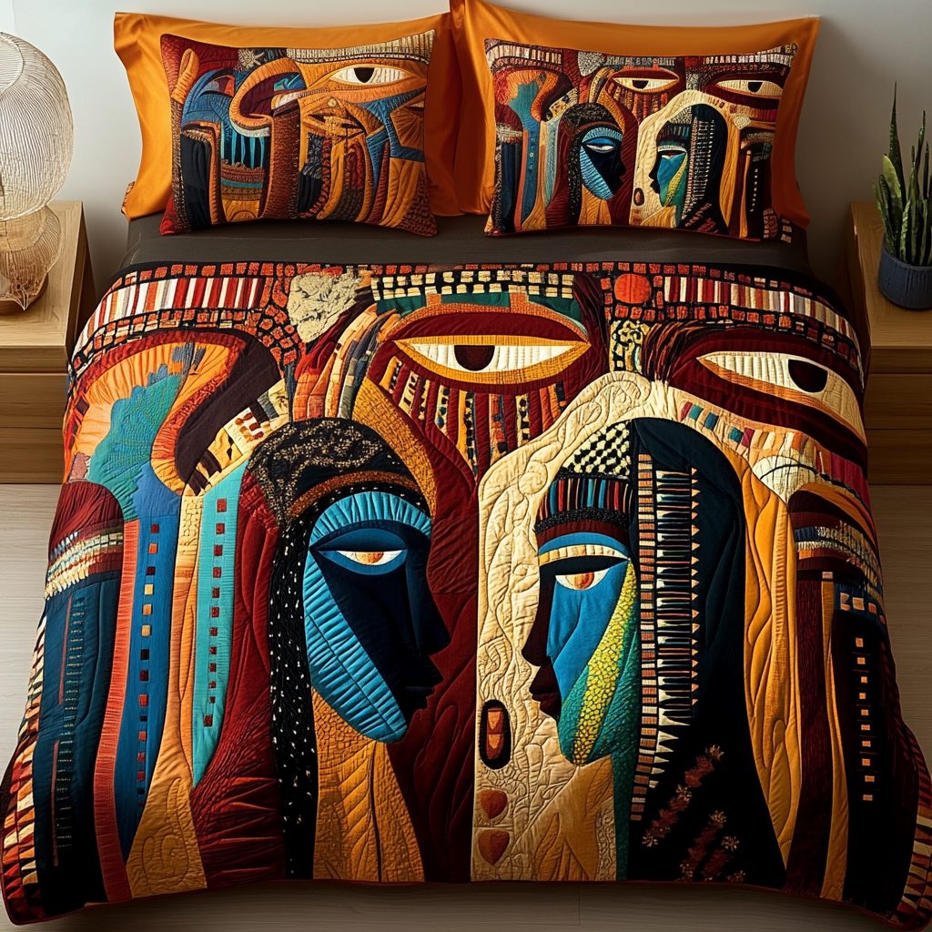 Nubian Queen quilted 3-piece bedding set on a made bed with two matching pillow shams