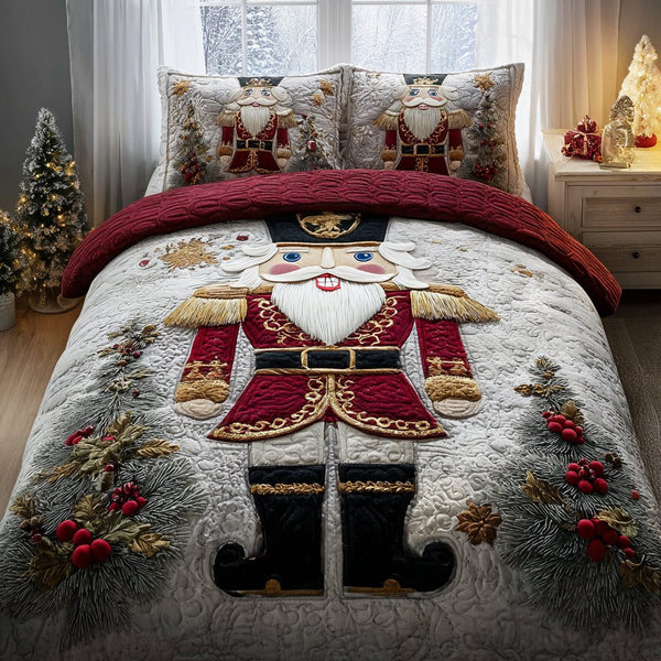Nutcracker Charm quilted 3-piece bedding set on a made bed in a winter-styled bedroom