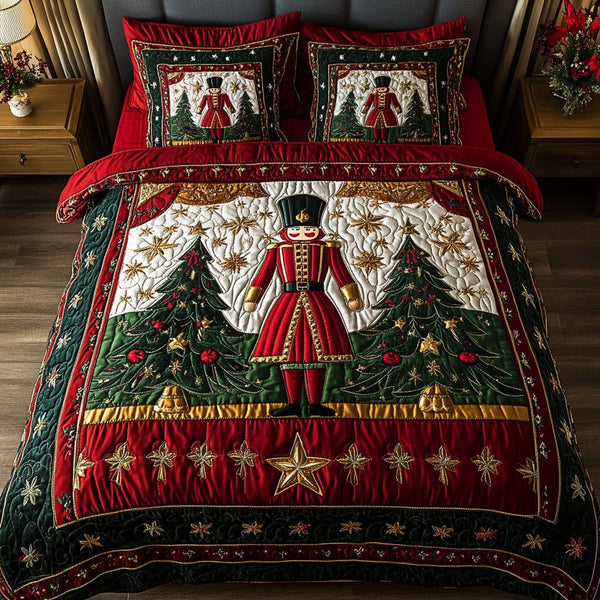 Nutcracker Charm quilted 3-piece bedding set on a made bed in a winter-styled bedroom