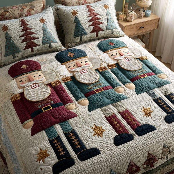 Nutcracker Dream quilted 3-piece bedding set on a made bed in a winter-styled bedroom