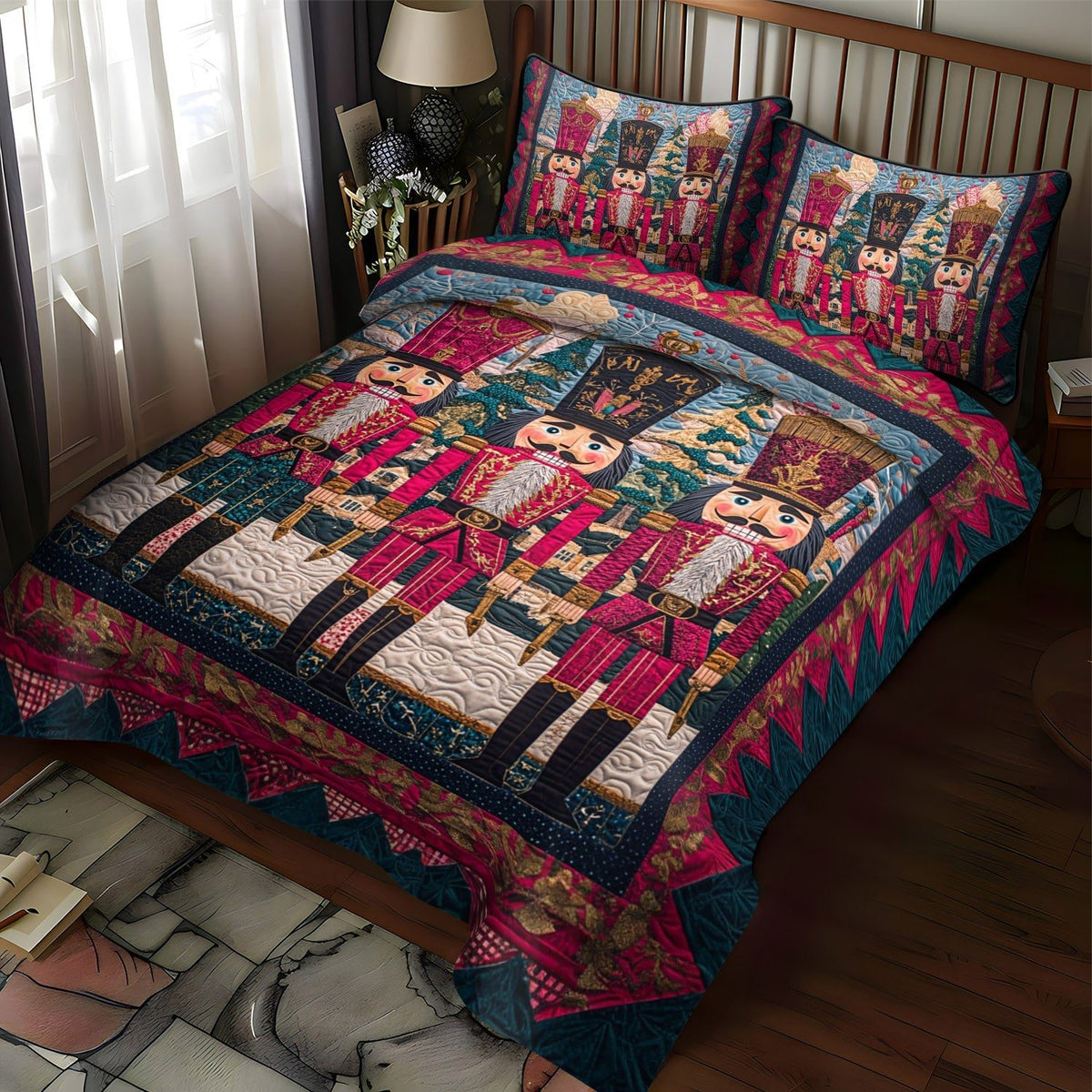 Nutcracker Dreams quilted 3-piece bedding set on a made bed in a winter-styled bedroom