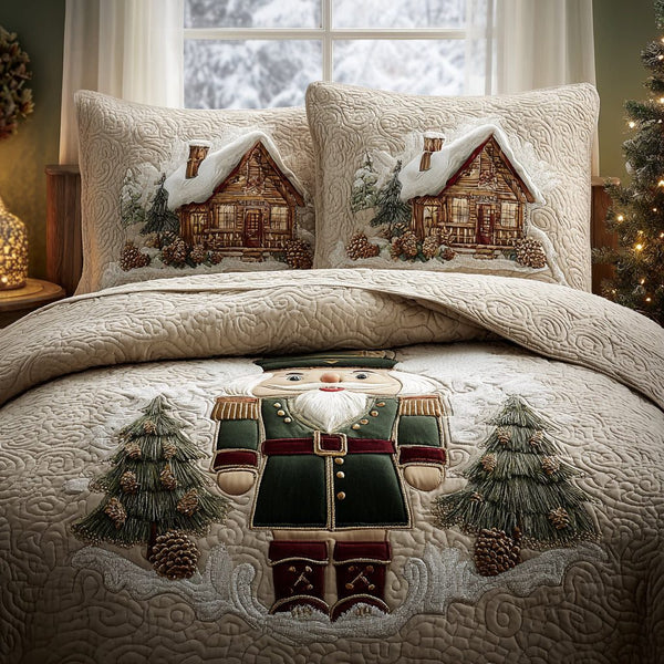 Nutcracker Glory quilted 3-piece bedding set on a made bed in a winter-styled bedroom