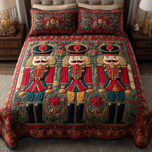 Nutcracker Guard quilted 3-piece bedding set on a made bed in a winter-styled bedroom