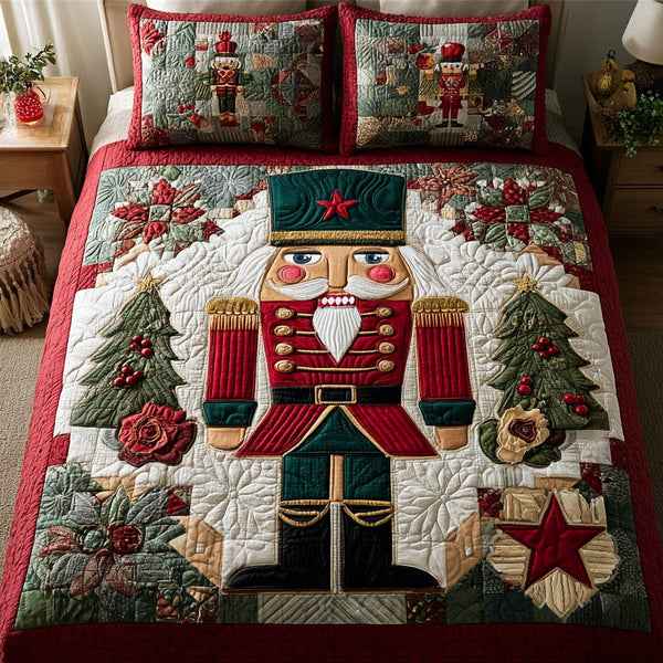 Nutcracker Joy quilted 3-piece bedding set on a made bed in a winter-styled bedroom