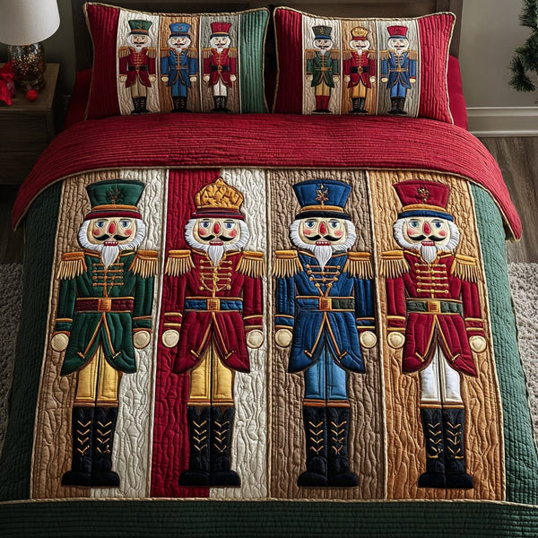 Nutcracker Magic quilted 3-piece bedding set on a made bed in a winter-styled bedroom