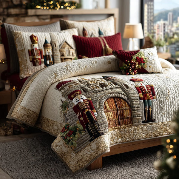 Nutcracker Magic quilted 3-piece bedding set on a made bed in a winter-styled bedroom