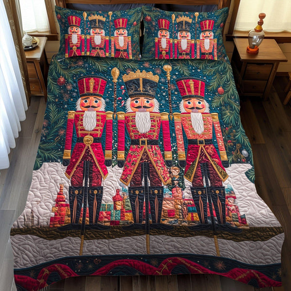 Nutcracker Magic quilted 3-piece bedding set on a made bed in a winter-styled bedroom