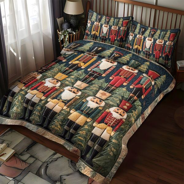 Nutcracker Night quilted 3-piece bedding set on a made bed in a winter-styled bedroom