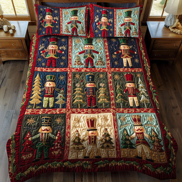 Nutcracker Nights quilted 3-piece bedding set on a made bed in a winter-styled bedroom