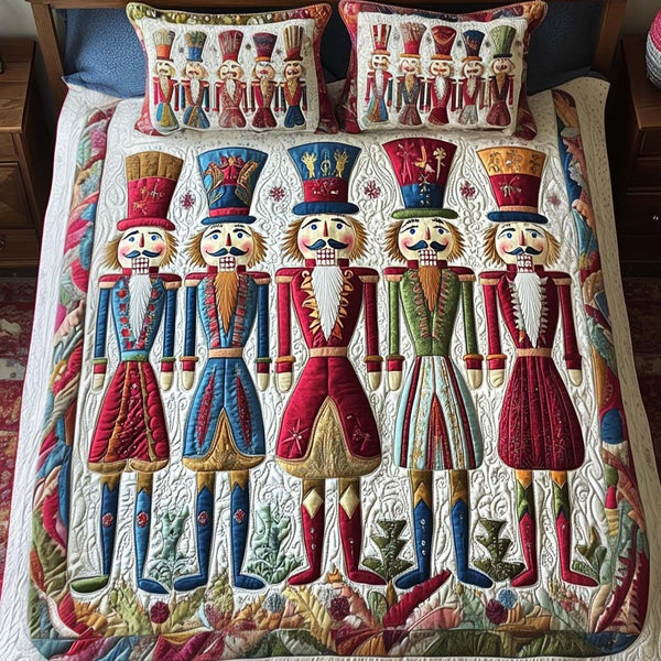 Nutcracker Parade quilted 3-piece bedding set on a made bed in a winter-styled bedroom