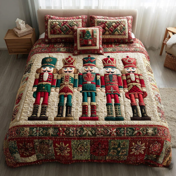 Nutcracker Parade quilted 3-piece bedding set on a made bed in a winter-styled bedroom