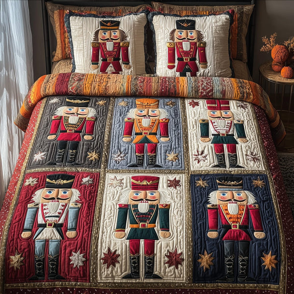 Nutcracker quilted 3-piece bedding set on a made bed in a winter-styled bedroom