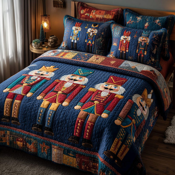 Nutcracker quilted 3-piece bedding set on a made bed in a winter-styled bedroom