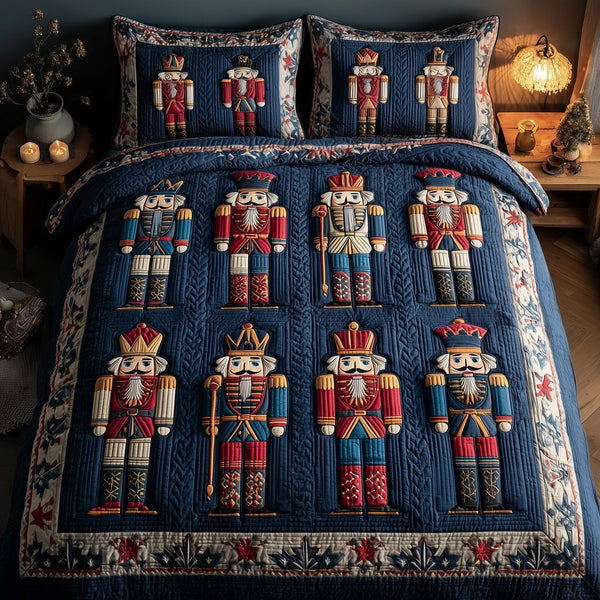 Nutcracker quilted 3-piece bedding set on a made bed in a winter-styled bedroom