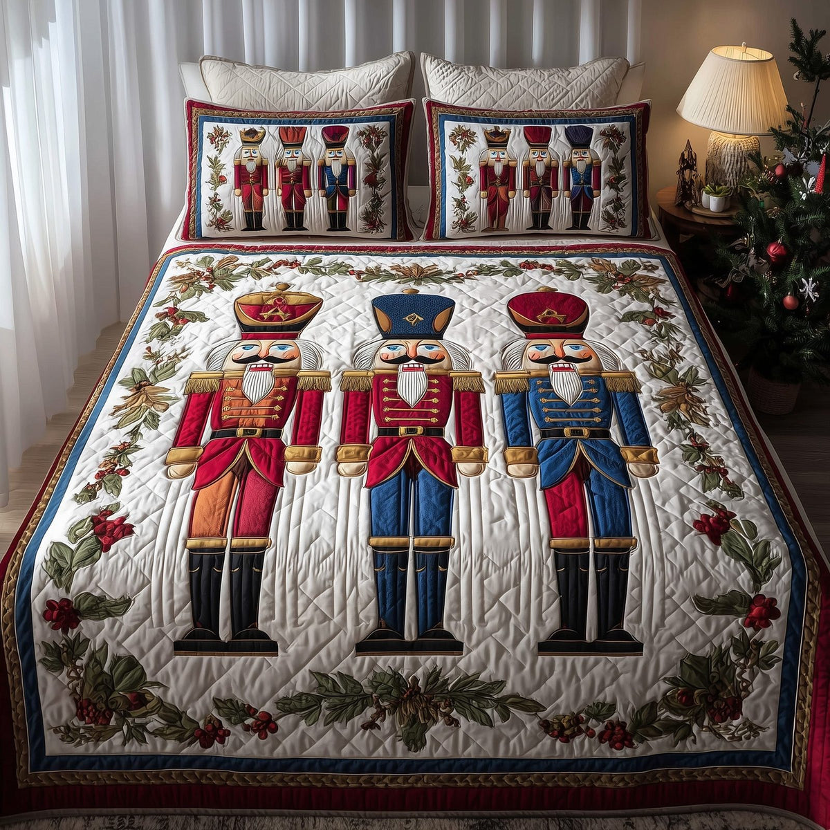 Nutcracker quilted 3-piece bedding set on a made bed in a winter-styled bedroom