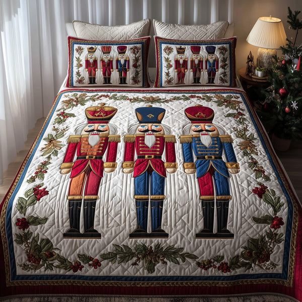 Nutcracker quilted 3-piece bedding set on a made bed in a winter-styled bedroom