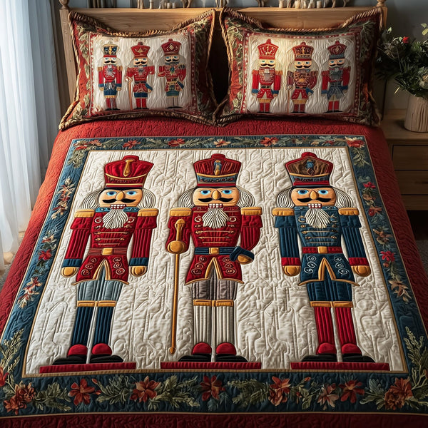 Nutcracker quilted 3-piece bedding set on a made bed in a winter-styled bedroom