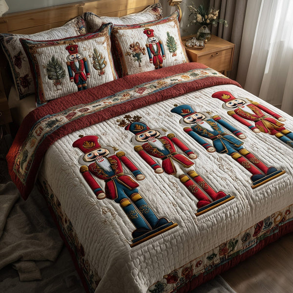 Nutcracker quilted 3-piece bedding set on a made bed in a winter-styled bedroom