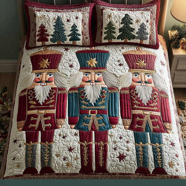 Nutcracker Spirit quilted 3-piece bedding set on a made bed in a winter-styled bedroom