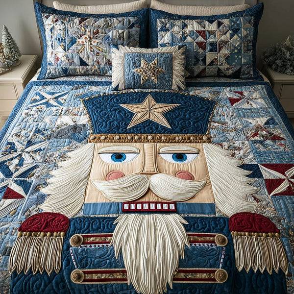 Nutcracker Wonder quilted 3-piece bedding set on a made bed in a winter-styled bedroom