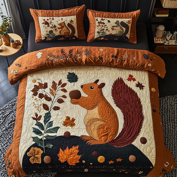 Nutty Autumn Adventure quilted 3-piece bedding set on a made bed in a winter-styled bedroom