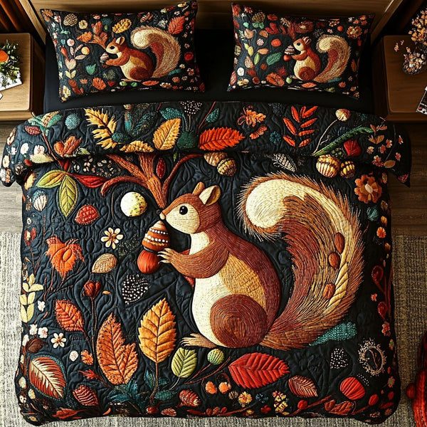 Nutty Autumn quilted 3-piece bedding set on a made bed with two matching pillow shams