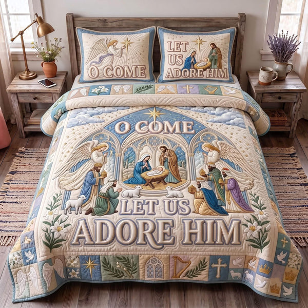 O Come Adore Him quilted 3-piece bedding set on a made bed with two matching pillow shams