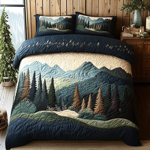 Oak Ember quilted 3-piece bedding set on a made bed with two matching pillow shams