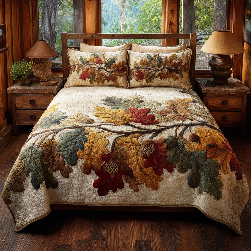 Oak Harvest quilted 3-piece bedding set on a made bed with two matching pillow shams