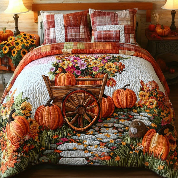 Oak Patch Glow quilted 3-piece bedding set on a made bed with two matching pillow shams