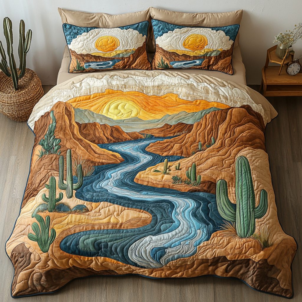 Oasis Escape quilted 3-piece bedding set on a made bed with two matching pillow shams
