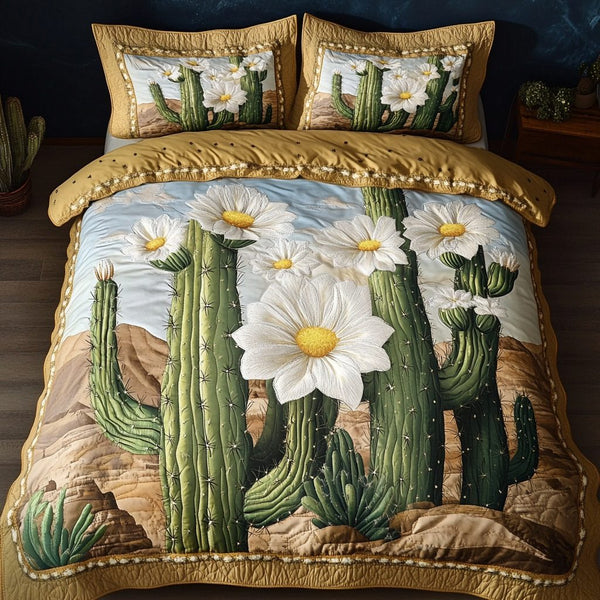 Oasis Flower quilted 3-piece bedding set on a made bed with two matching pillow shams