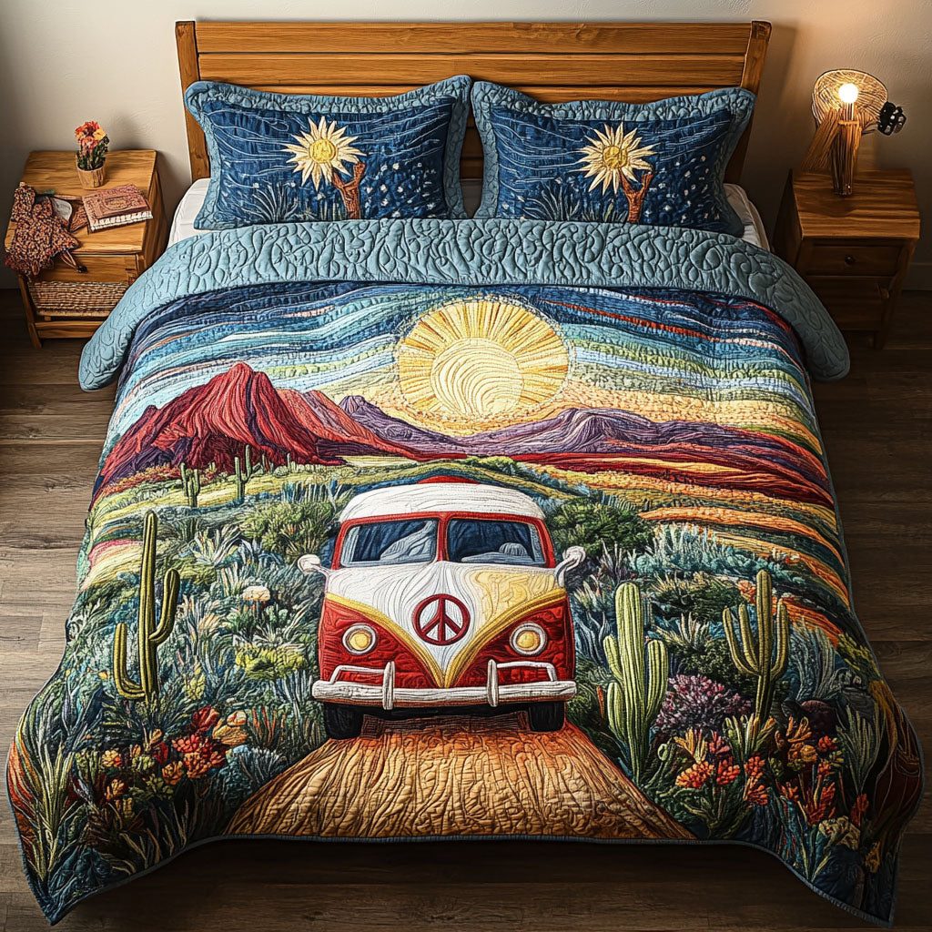 Oasis in the Desert quilted 3-piece bedding set on a made bed with two matching pillow shams