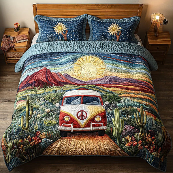 Oasis in the Desert quilted 3-piece bedding set on a made bed with two matching pillow shams