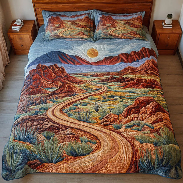 Oasis of Fire quilted 3-piece bedding set on a made bed with two matching pillow shams